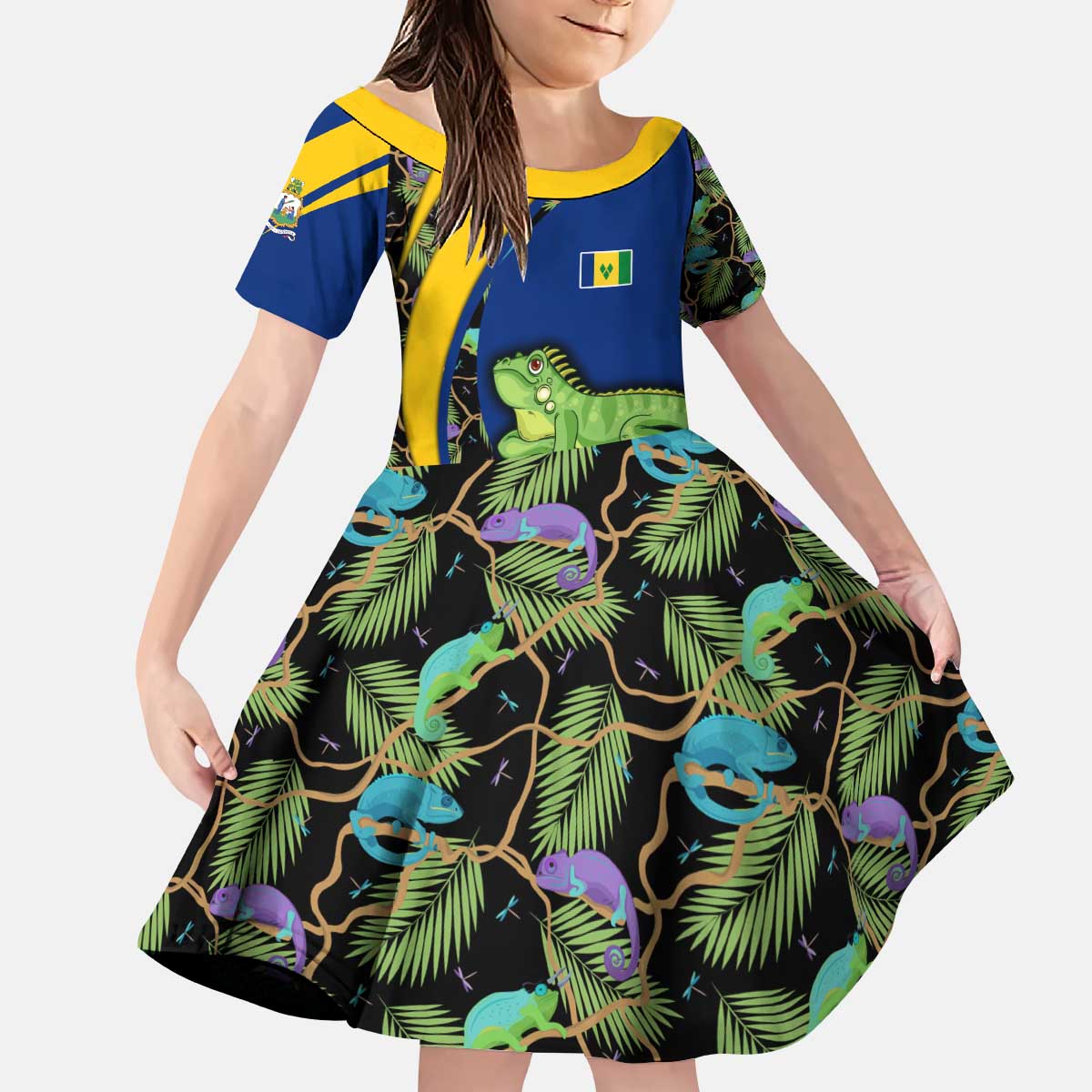 Saint Vincent and the Grenadines Iguana Kid Short Sleeve Dress with Tropical Leaf Pattern and National Flag - Wonder Print Shop