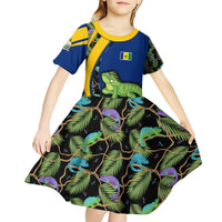 Saint Vincent and the Grenadines Iguana Kid Short Sleeve Dress with Tropical Leaf Pattern and National Flag - Wonder Print Shop