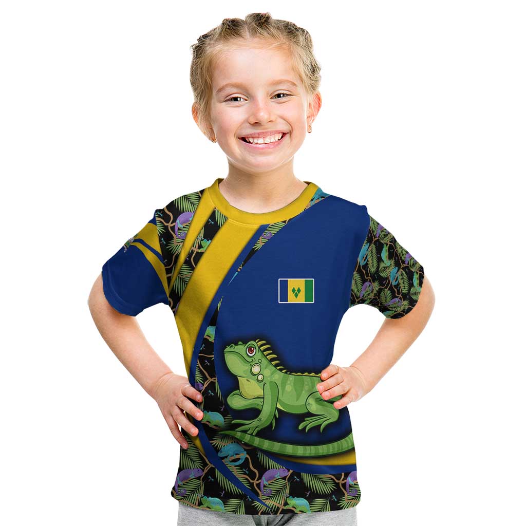 Saint Vincent and the Grenadines Iguana Kid T Shirt with Tropical Leaf Pattern and National Flag - Wonder Print Shop