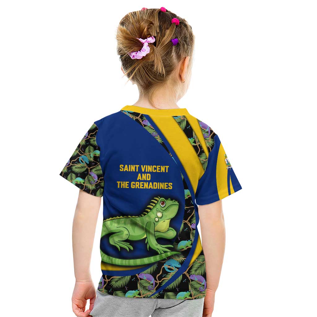 Saint Vincent and the Grenadines Iguana Kid T Shirt with Tropical Leaf Pattern and National Flag - Wonder Print Shop