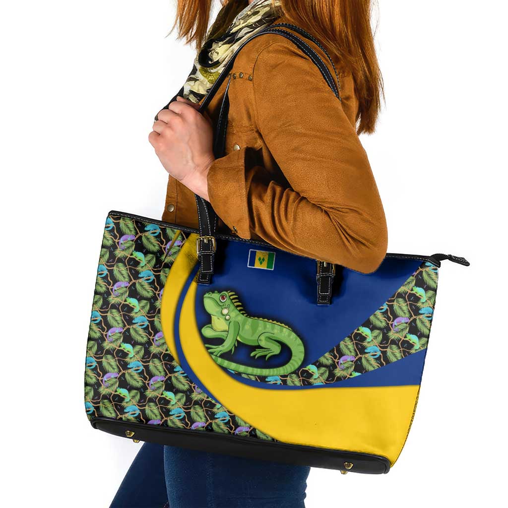 Saint Vincent and the Grenadines Iguana Leather Tote Bag with Tropical Leaf Pattern and National Flag - Wonder Print Shop
