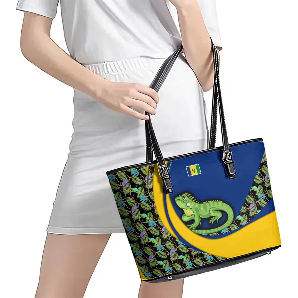 Saint Vincent and the Grenadines Iguana Leather Tote Bag with Tropical Leaf Pattern and National Flag - Wonder Print Shop