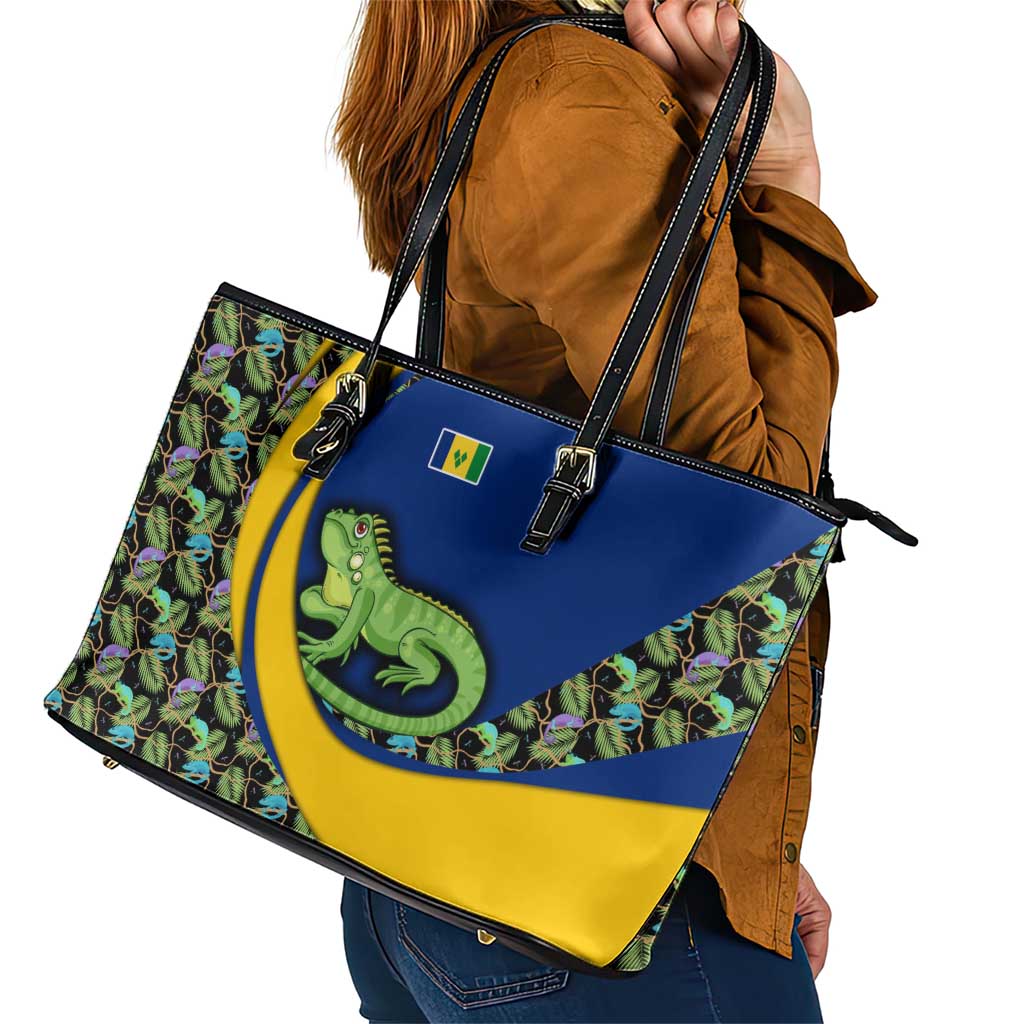 Saint Vincent and the Grenadines Iguana Leather Tote Bag with Tropical Leaf Pattern and National Flag - Wonder Print Shop