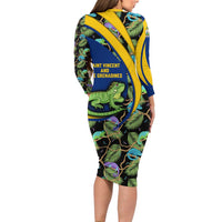 Saint Vincent and the Grenadines Iguana Long Sleeve Bodycon Dress with Tropical Leaf Pattern and National Flag - Wonder Print Shop