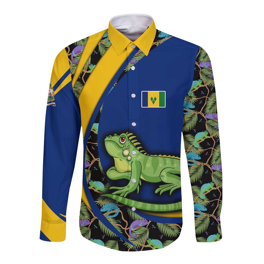 Saint Vincent and the Grenadines Iguana Long Sleeve Button Shirt with Tropical Leaf Pattern and National Flag - Wonder Print Shop