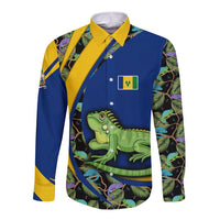 Saint Vincent and the Grenadines Iguana Long Sleeve Button Shirt with Tropical Leaf Pattern and National Flag - Wonder Print Shop