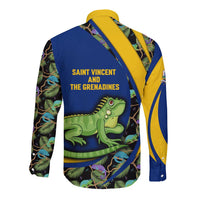 Saint Vincent and the Grenadines Iguana Long Sleeve Button Shirt with Tropical Leaf Pattern and National Flag - Wonder Print Shop