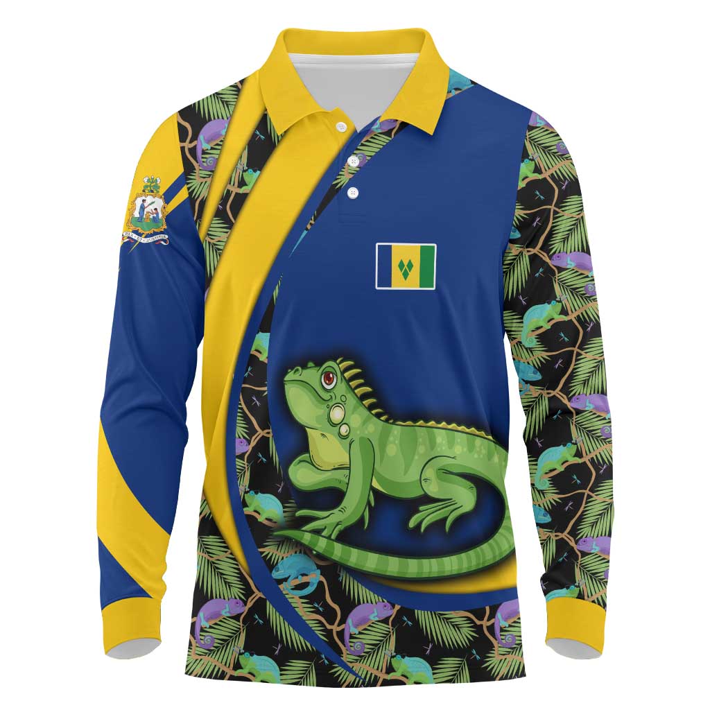 Saint Vincent and the Grenadines Iguana Long Sleeve Polo Shirt with Tropical Leaf Pattern and National Flag - Wonder Print Shop