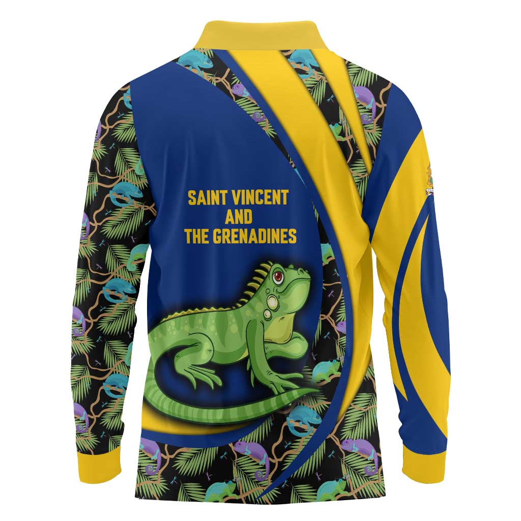 Saint Vincent and the Grenadines Iguana Long Sleeve Polo Shirt with Tropical Leaf Pattern and National Flag - Wonder Print Shop