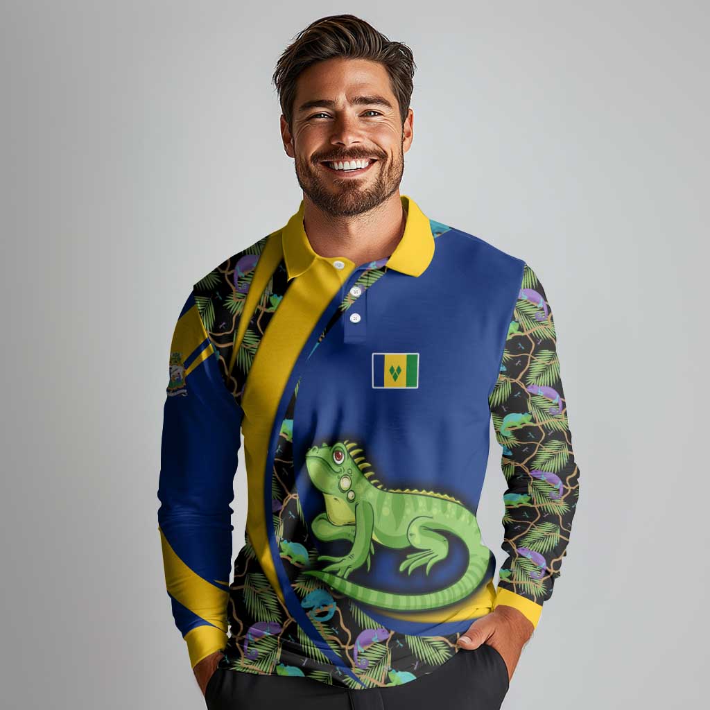 Saint Vincent and the Grenadines Iguana Long Sleeve Polo Shirt with Tropical Leaf Pattern and National Flag - Wonder Print Shop