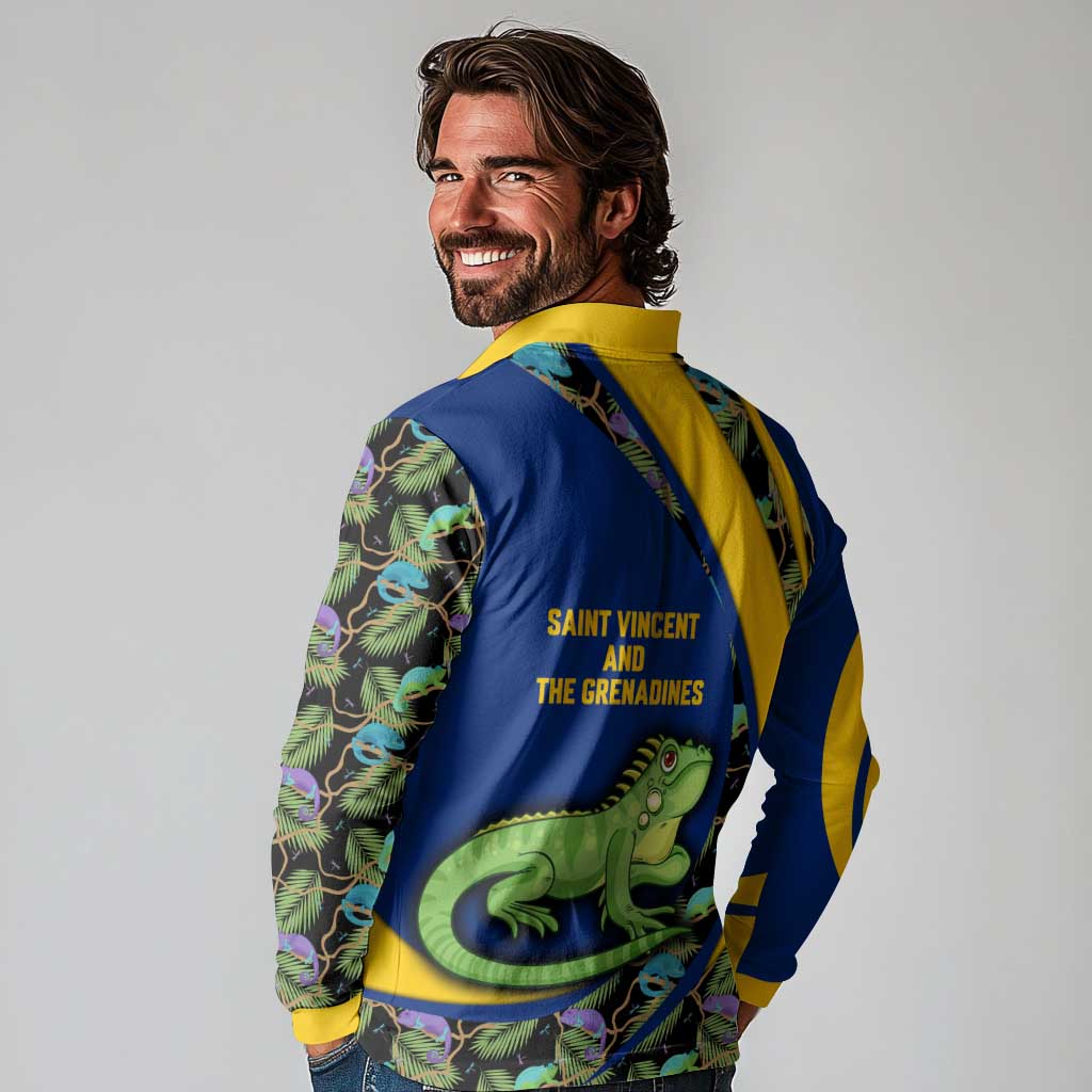 Saint Vincent and the Grenadines Iguana Long Sleeve Polo Shirt with Tropical Leaf Pattern and National Flag - Wonder Print Shop