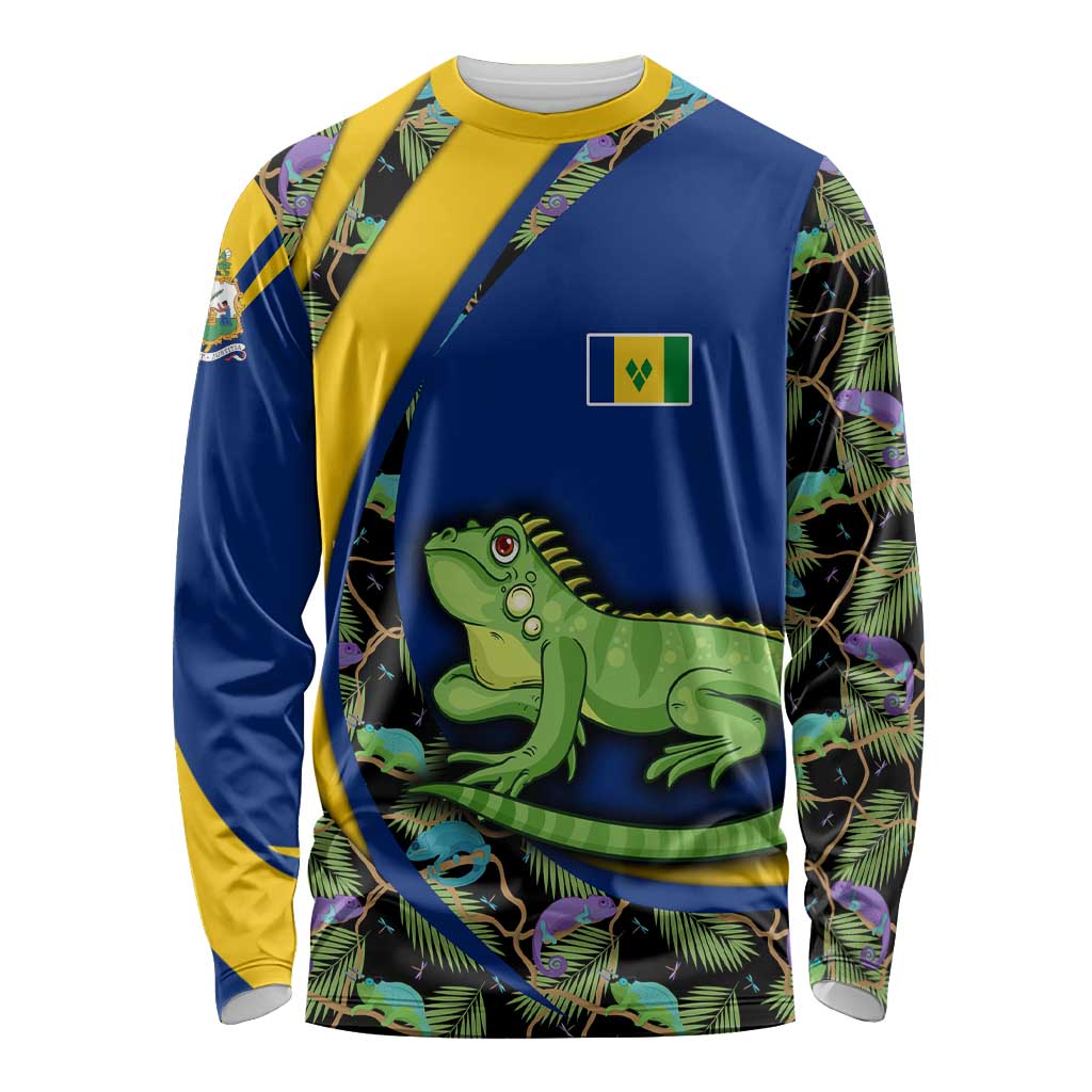 Saint Vincent and the Grenadines Iguana Long Sleeve Shirt with Tropical Leaf Pattern and National Flag - Wonder Print Shop