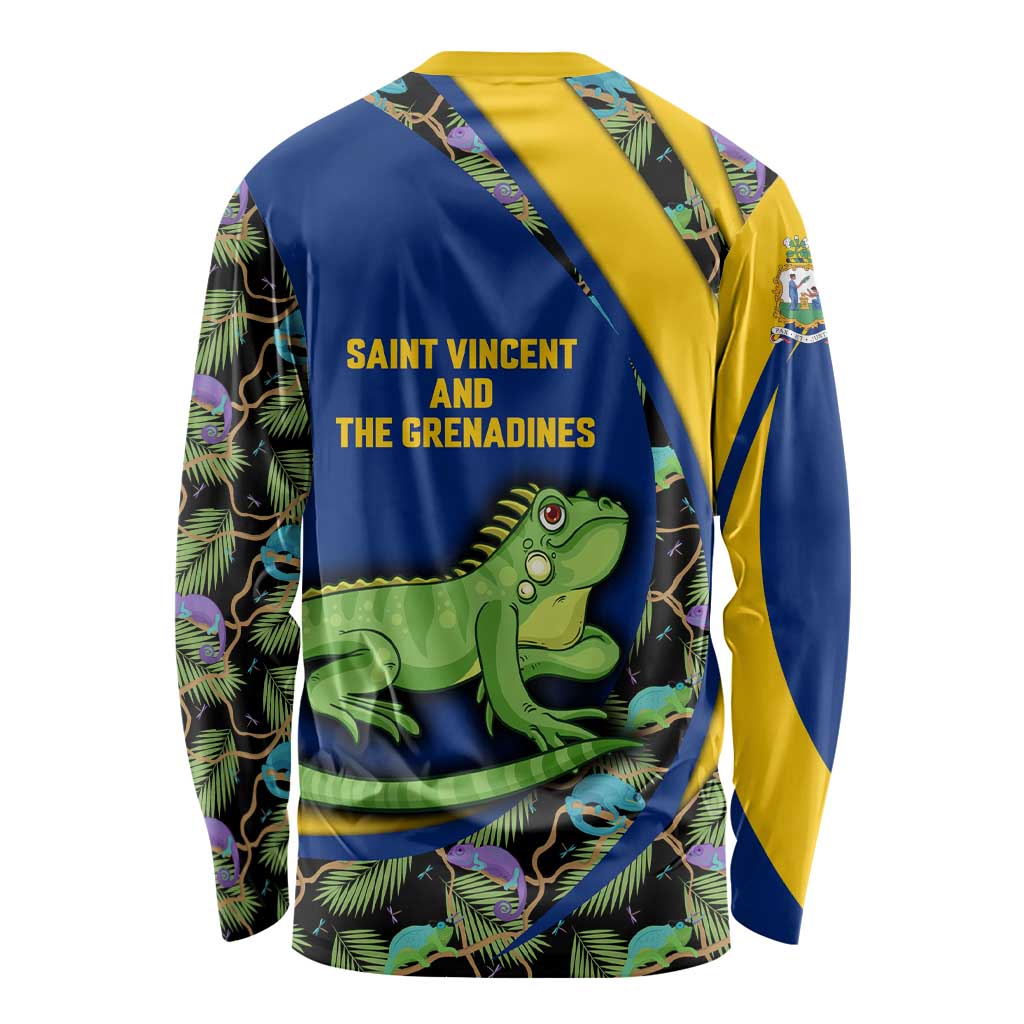 Saint Vincent and the Grenadines Iguana Long Sleeve Shirt with Tropical Leaf Pattern and National Flag - Wonder Print Shop