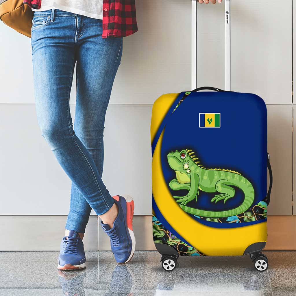 Saint Vincent and the Grenadines Iguana Luggage Cover with Tropical Leaf Pattern and National Flag - Wonder Print Shop