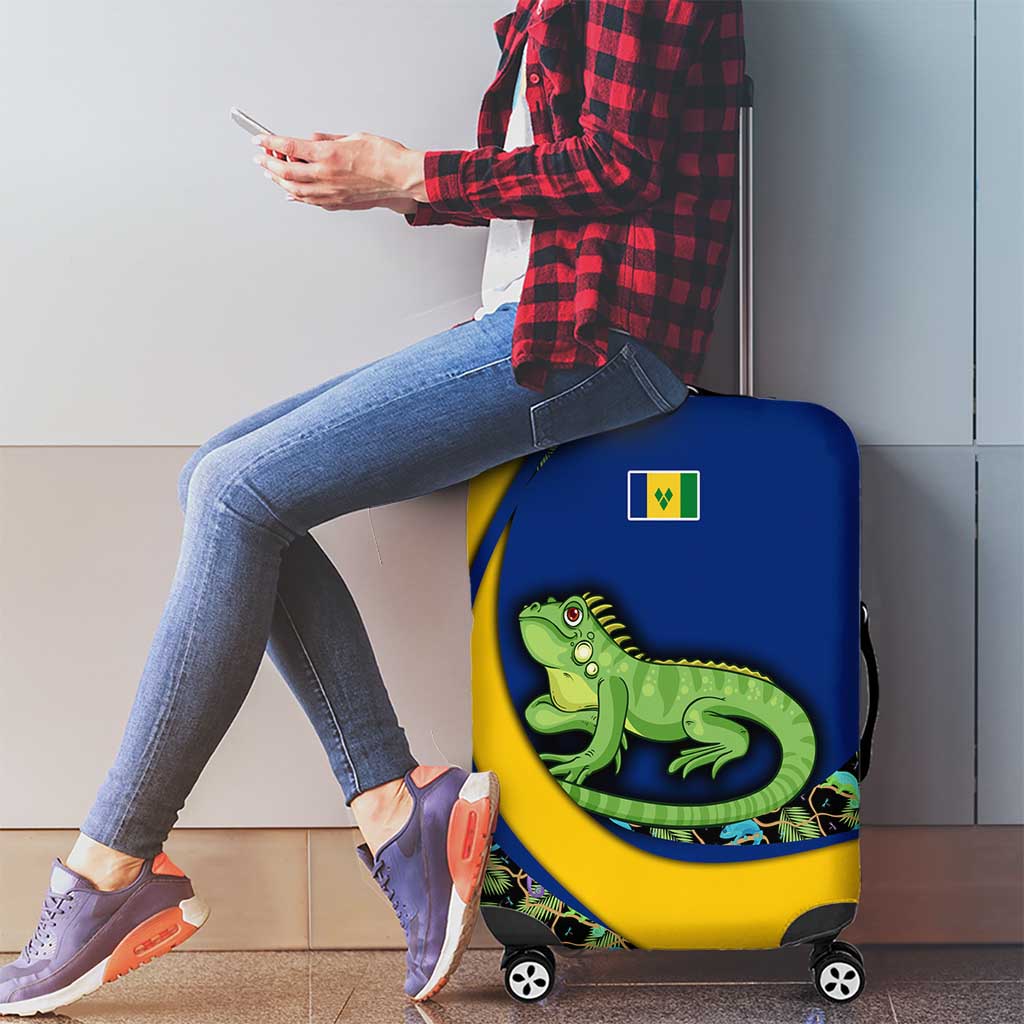 Saint Vincent and the Grenadines Iguana Luggage Cover with Tropical Leaf Pattern and National Flag - Wonder Print Shop