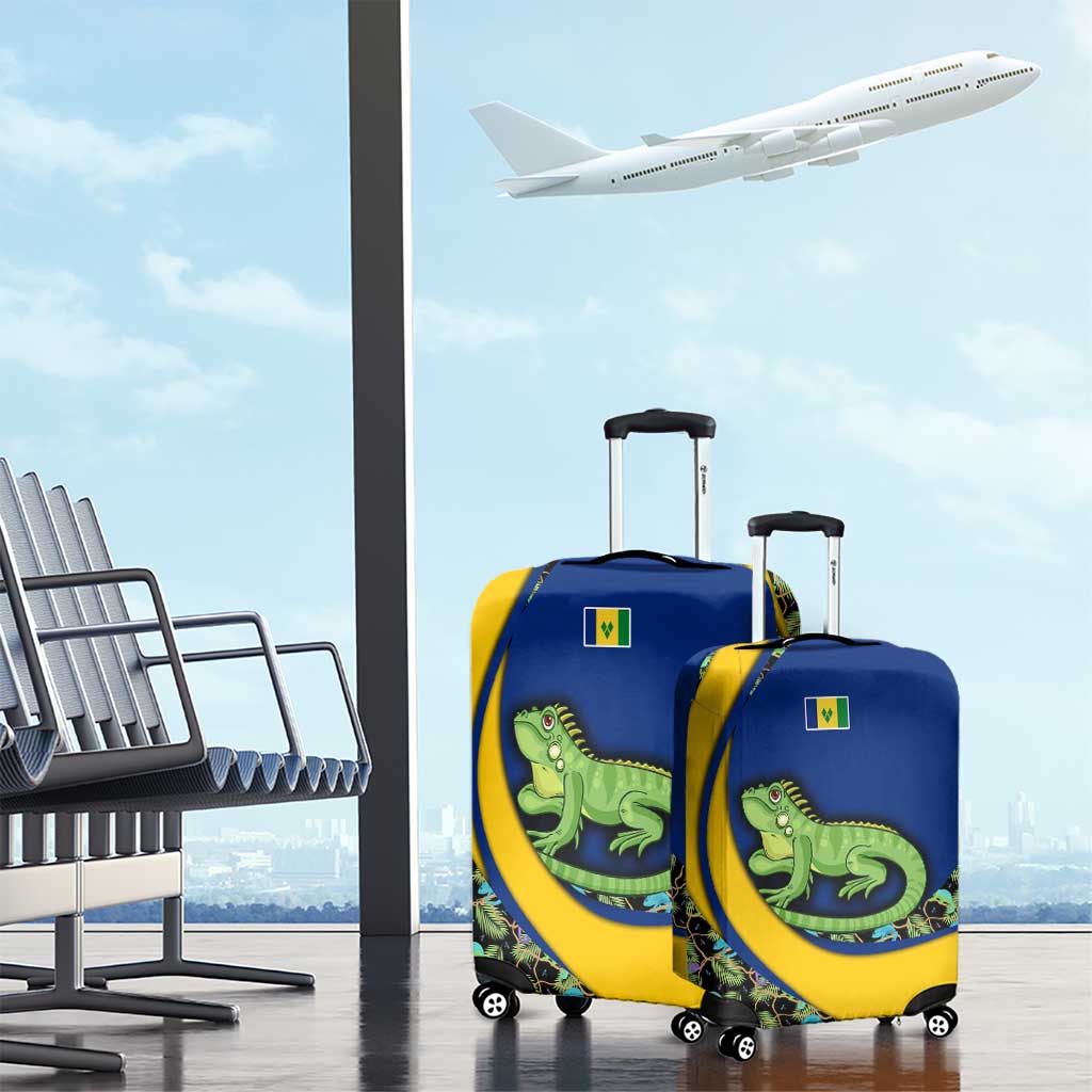 Saint Vincent and the Grenadines Iguana Luggage Cover with Tropical Leaf Pattern and National Flag - Wonder Print Shop