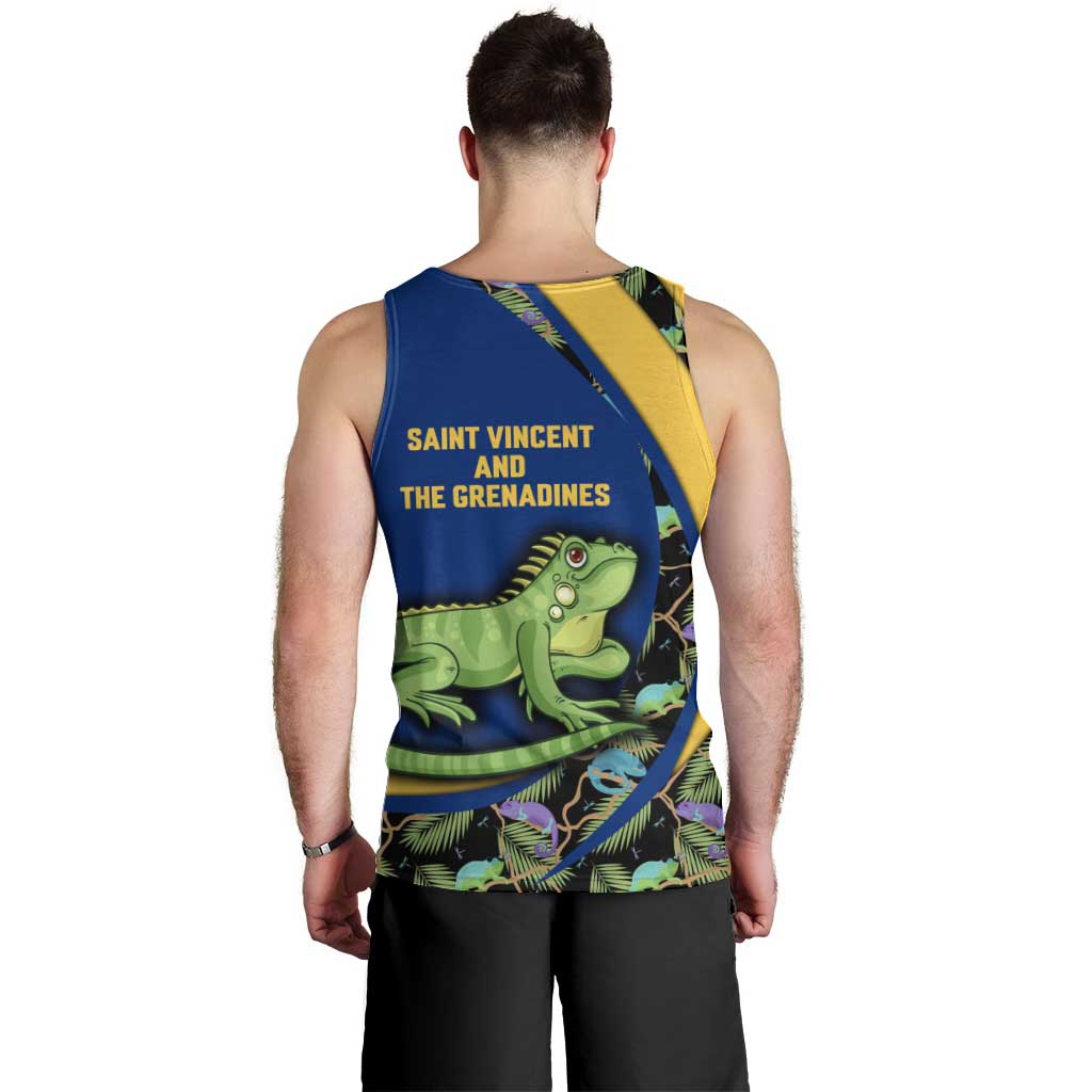 Saint Vincent and the Grenadines Iguana Men Tank Top with Tropical Leaf Pattern and National Flag - Wonder Print Shop
