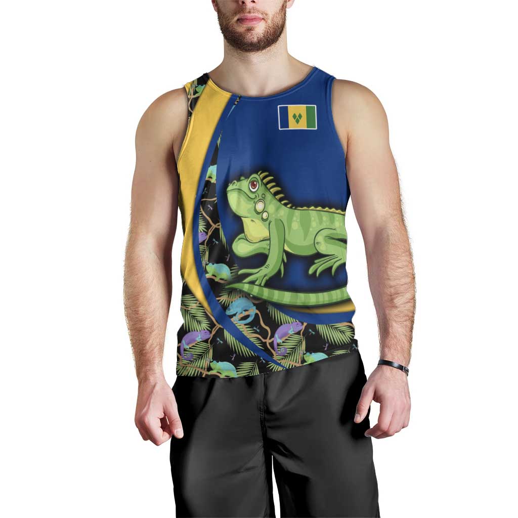 Saint Vincent and the Grenadines Iguana Men Tank Top with Tropical Leaf Pattern and National Flag - Wonder Print Shop