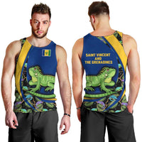 Saint Vincent and the Grenadines Iguana Men Tank Top with Tropical Leaf Pattern and National Flag - Wonder Print Shop
