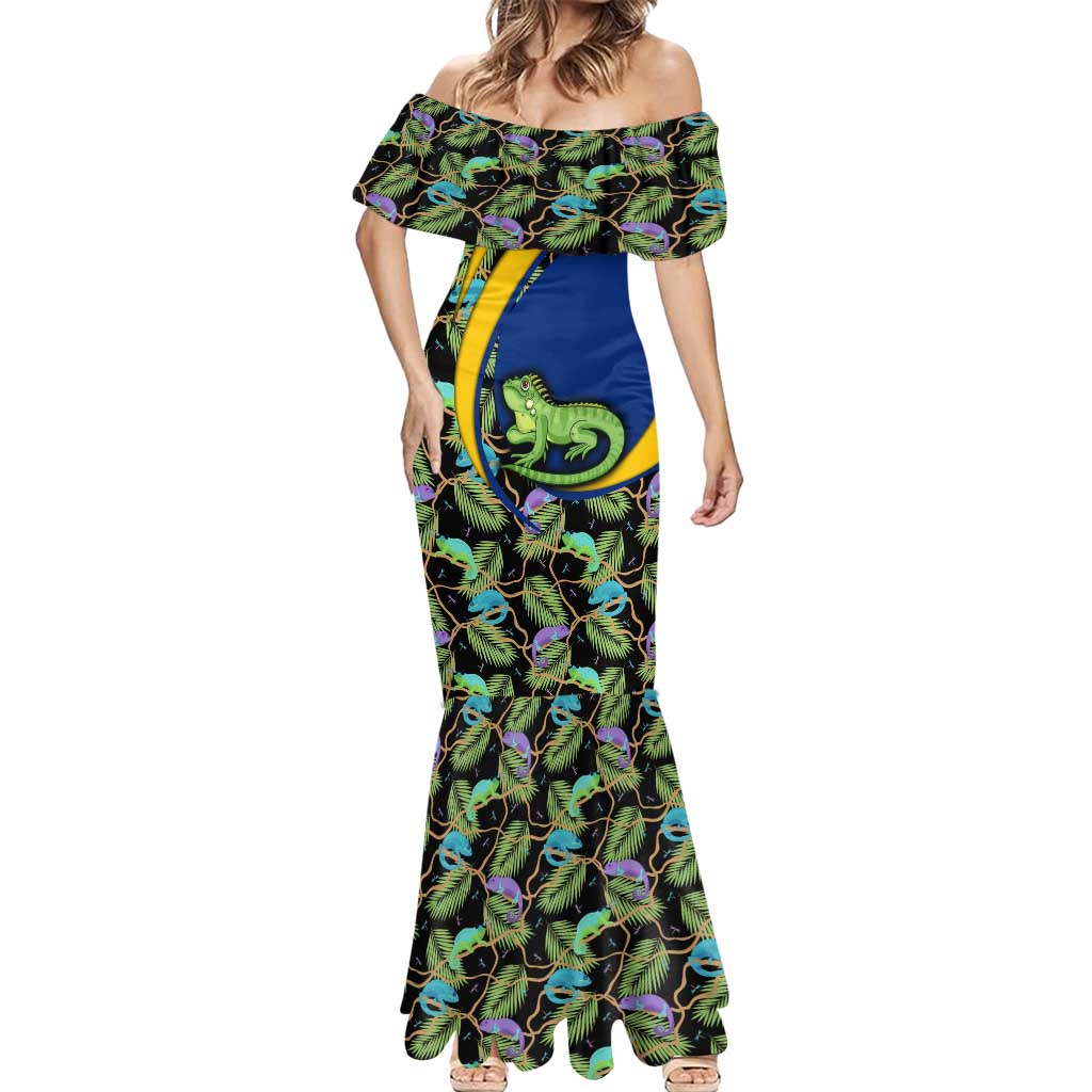 Saint Vincent and the Grenadines Iguana Mermaid Dress with Tropical Leaf Pattern and National Flag - Wonder Print Shop