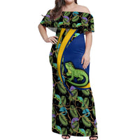 Saint Vincent and the Grenadines Iguana Off Shoulder Maxi Dress with Tropical Leaf Pattern and National Flag - Wonder Print Shop
