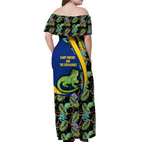 Saint Vincent and the Grenadines Iguana Off Shoulder Maxi Dress with Tropical Leaf Pattern and National Flag - Wonder Print Shop