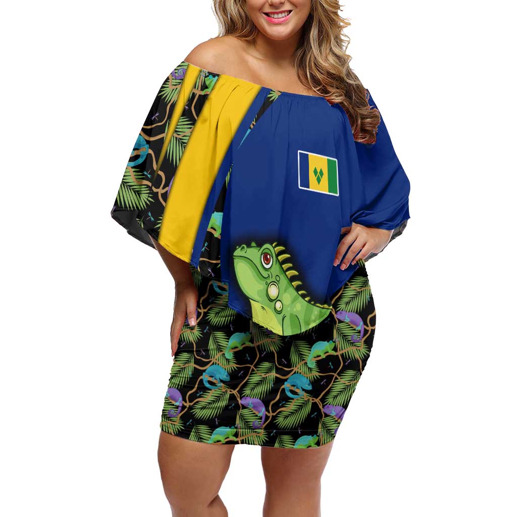 Saint Vincent and the Grenadines Iguana Off Shoulder Short Dress with Tropical Leaf Pattern and National Flag - Wonder Print Shop