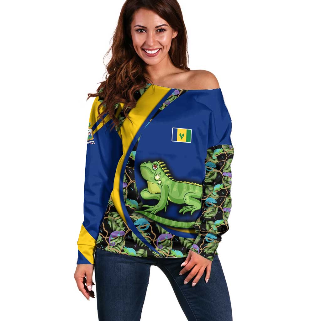 Saint Vincent and the Grenadines Iguana Off Shoulder Sweater with Tropical Leaf Pattern and National Flag - Wonder Print Shop