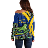 Saint Vincent and the Grenadines Iguana Off Shoulder Sweater with Tropical Leaf Pattern and National Flag - Wonder Print Shop