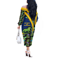 Saint Vincent and the Grenadines Iguana Off The Shoulder Long Sleeve Dress with Tropical Leaf Pattern and National Flag - Wonder Print Shop