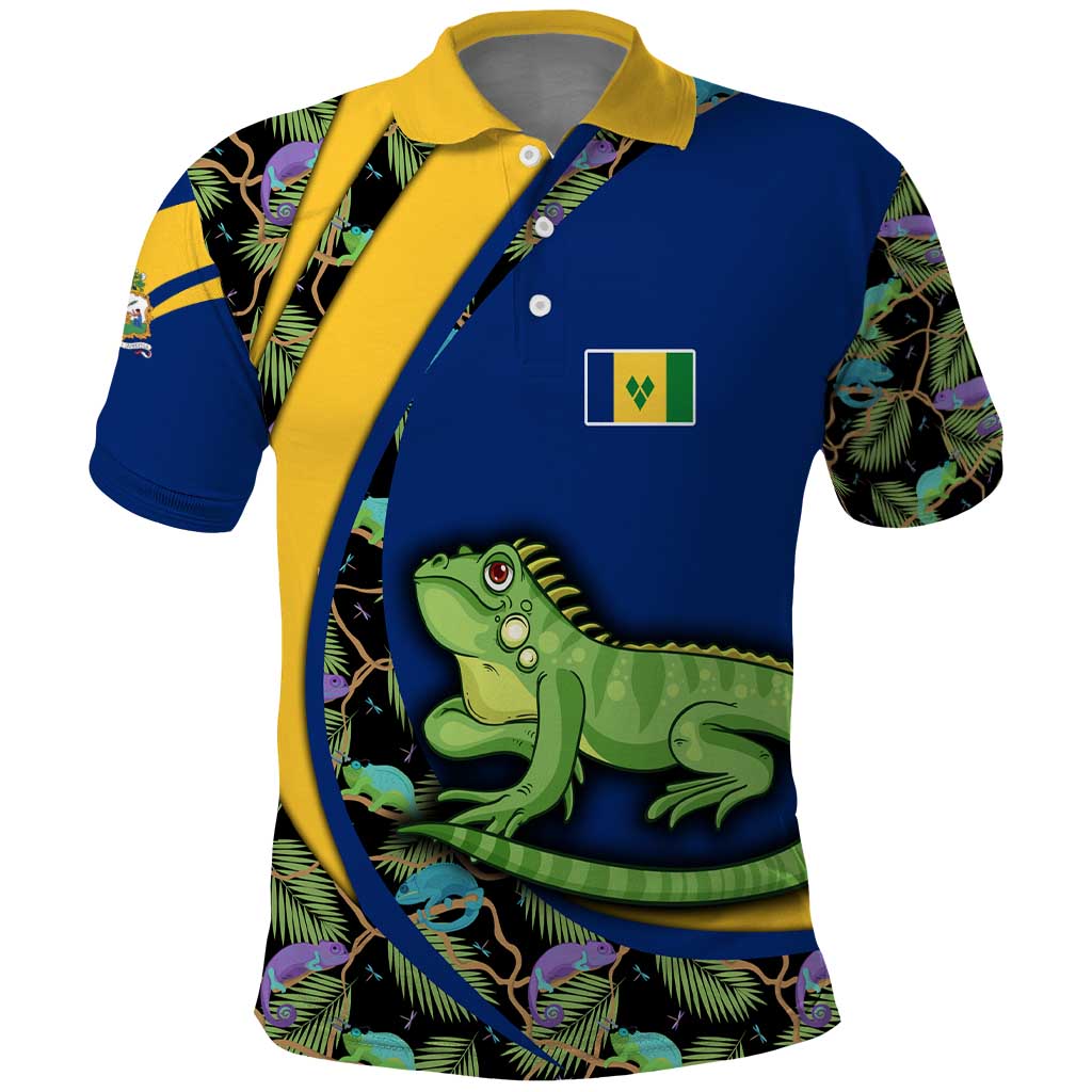 Saint Vincent and the Grenadines Iguana Polo Shirt with Tropical Leaf Pattern and National Flag - Wonder Print Shop