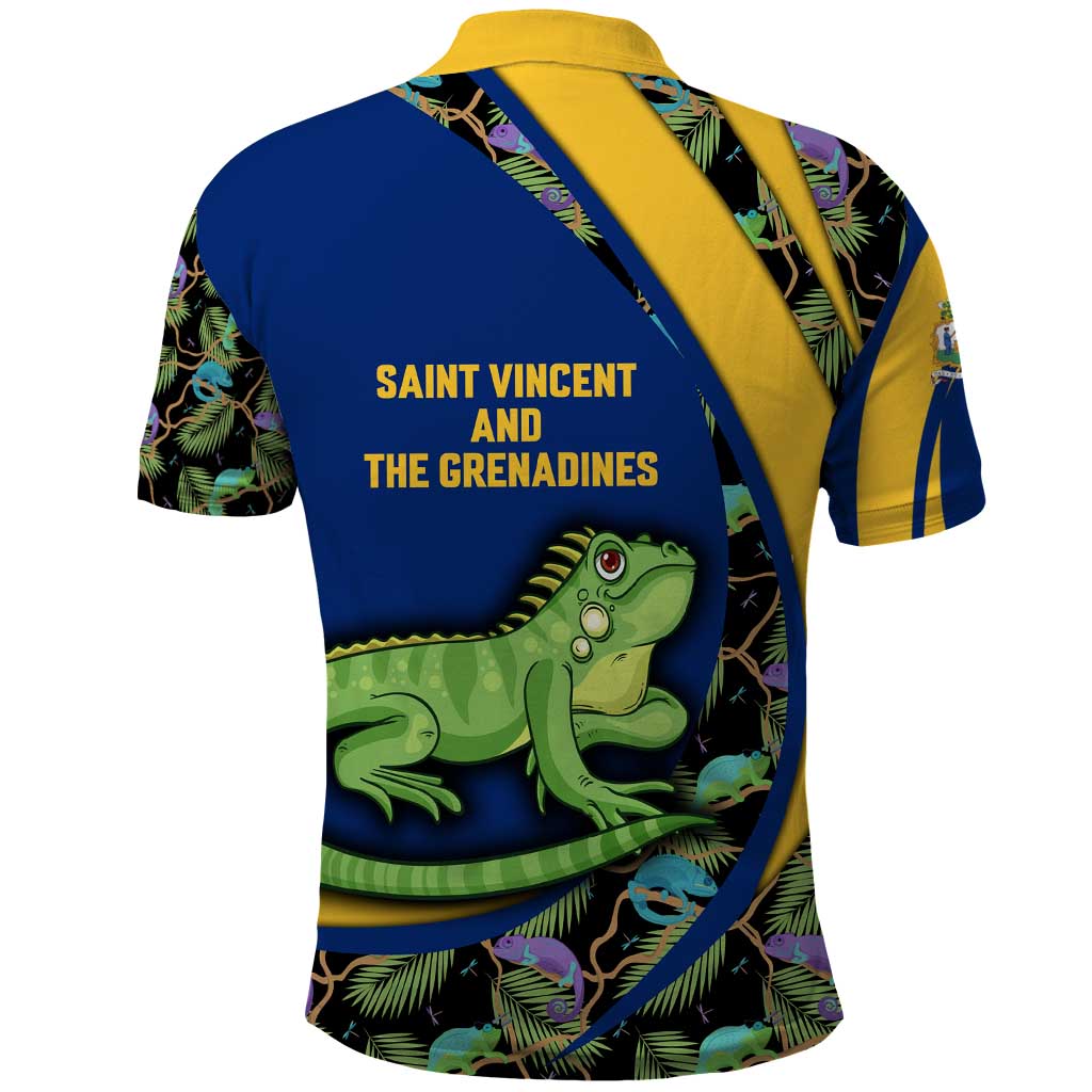 Saint Vincent and the Grenadines Iguana Polo Shirt with Tropical Leaf Pattern and National Flag - Wonder Print Shop