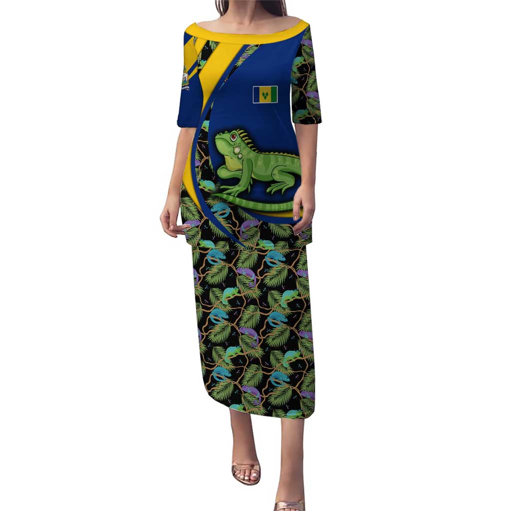 Saint Vincent and the Grenadines Iguana Puletasi with Tropical Leaf Pattern and National Flag - Wonder Print Shop