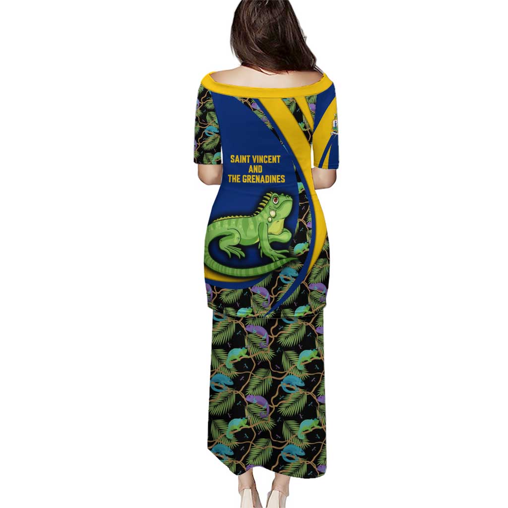 Saint Vincent and the Grenadines Iguana Puletasi with Tropical Leaf Pattern and National Flag - Wonder Print Shop