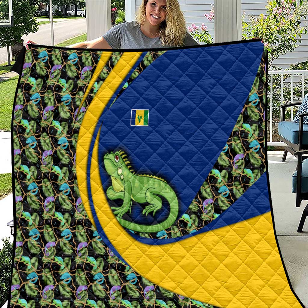 Saint Vincent and the Grenadines Iguana Quilt with Tropical Leaf Pattern and National Flag - Wonder Print Shop