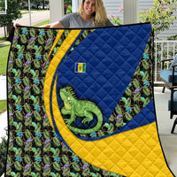Saint Vincent and the Grenadines Iguana Quilt with Tropical Leaf Pattern and National Flag - Wonder Print Shop