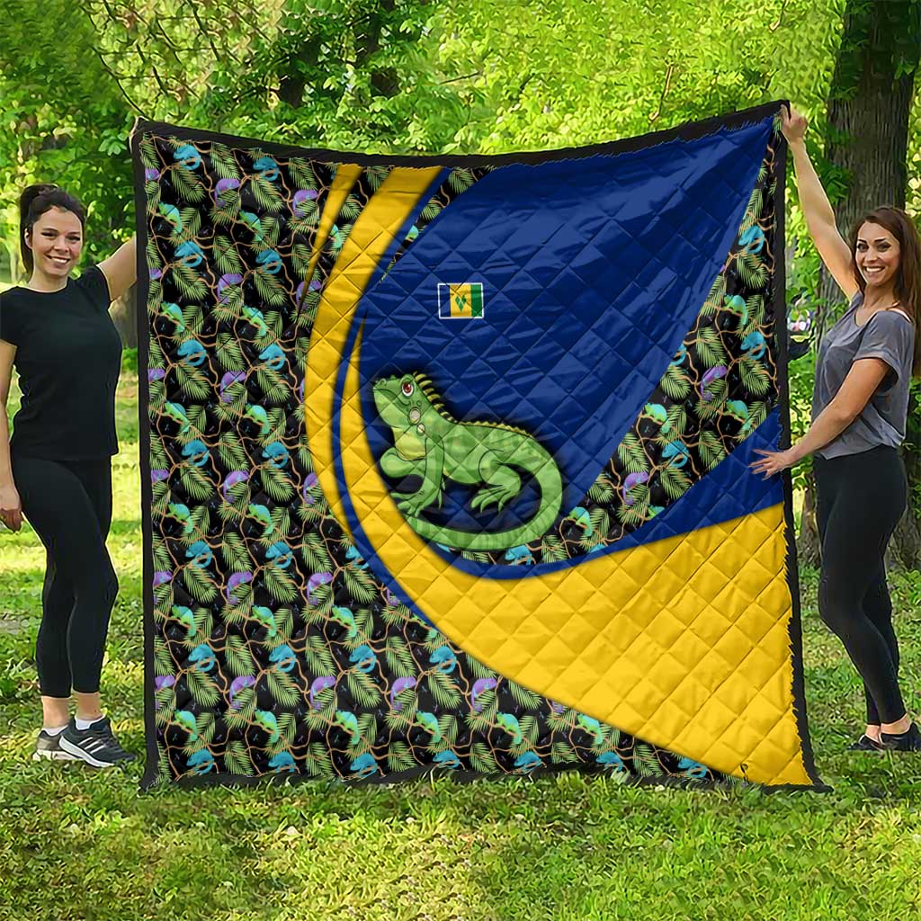 Saint Vincent and the Grenadines Iguana Quilt with Tropical Leaf Pattern and National Flag - Wonder Print Shop