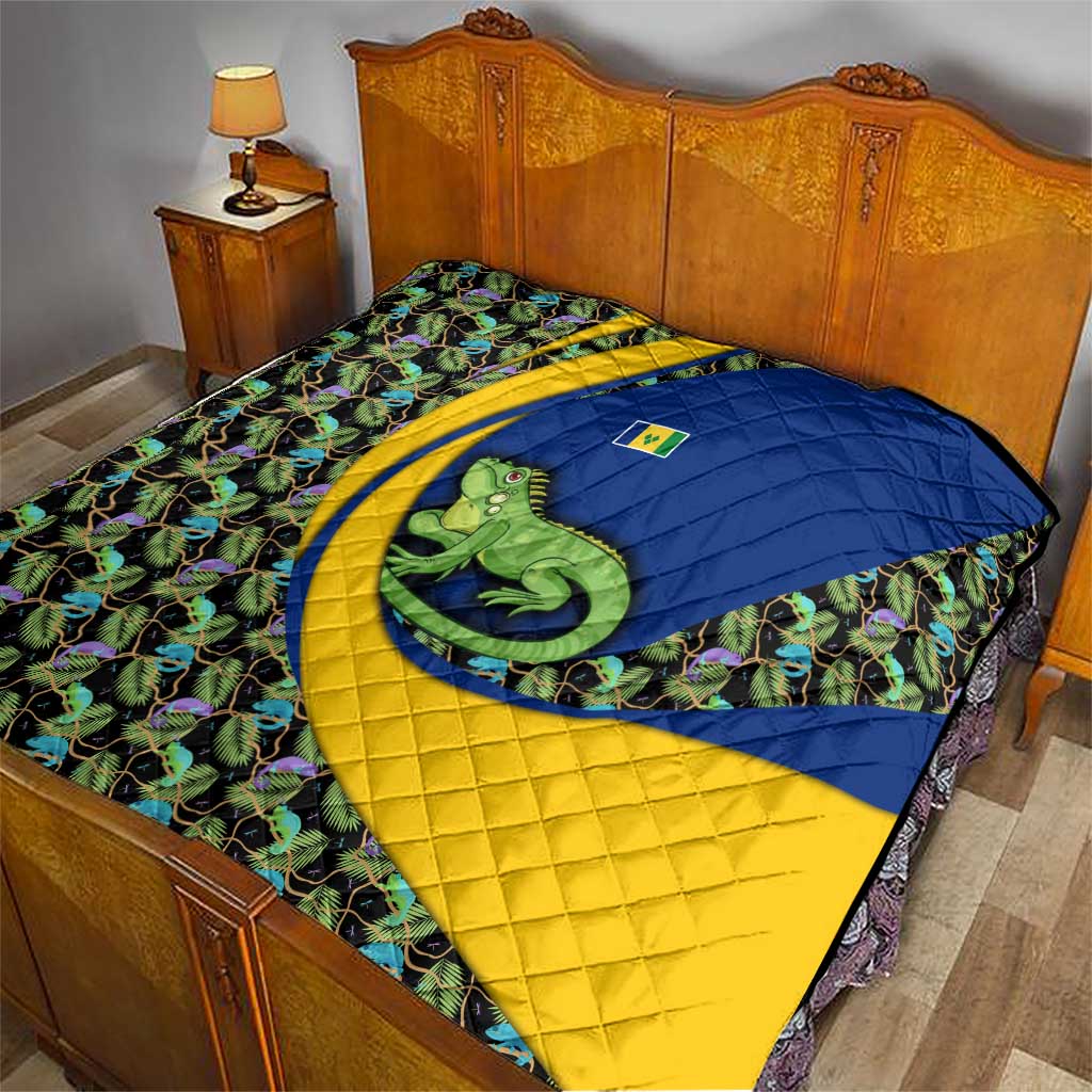 Saint Vincent and the Grenadines Iguana Quilt with Tropical Leaf Pattern and National Flag - Wonder Print Shop