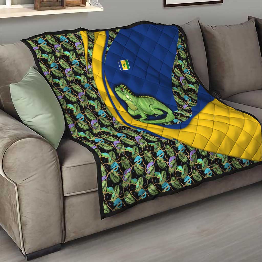 Saint Vincent and the Grenadines Iguana Quilt with Tropical Leaf Pattern and National Flag - Wonder Print Shop
