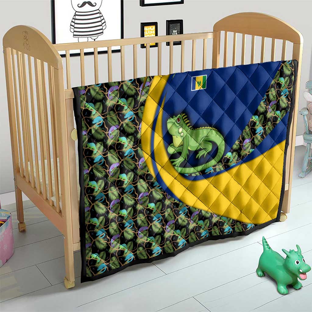 Saint Vincent and the Grenadines Iguana Quilt with Tropical Leaf Pattern and National Flag - Wonder Print Shop