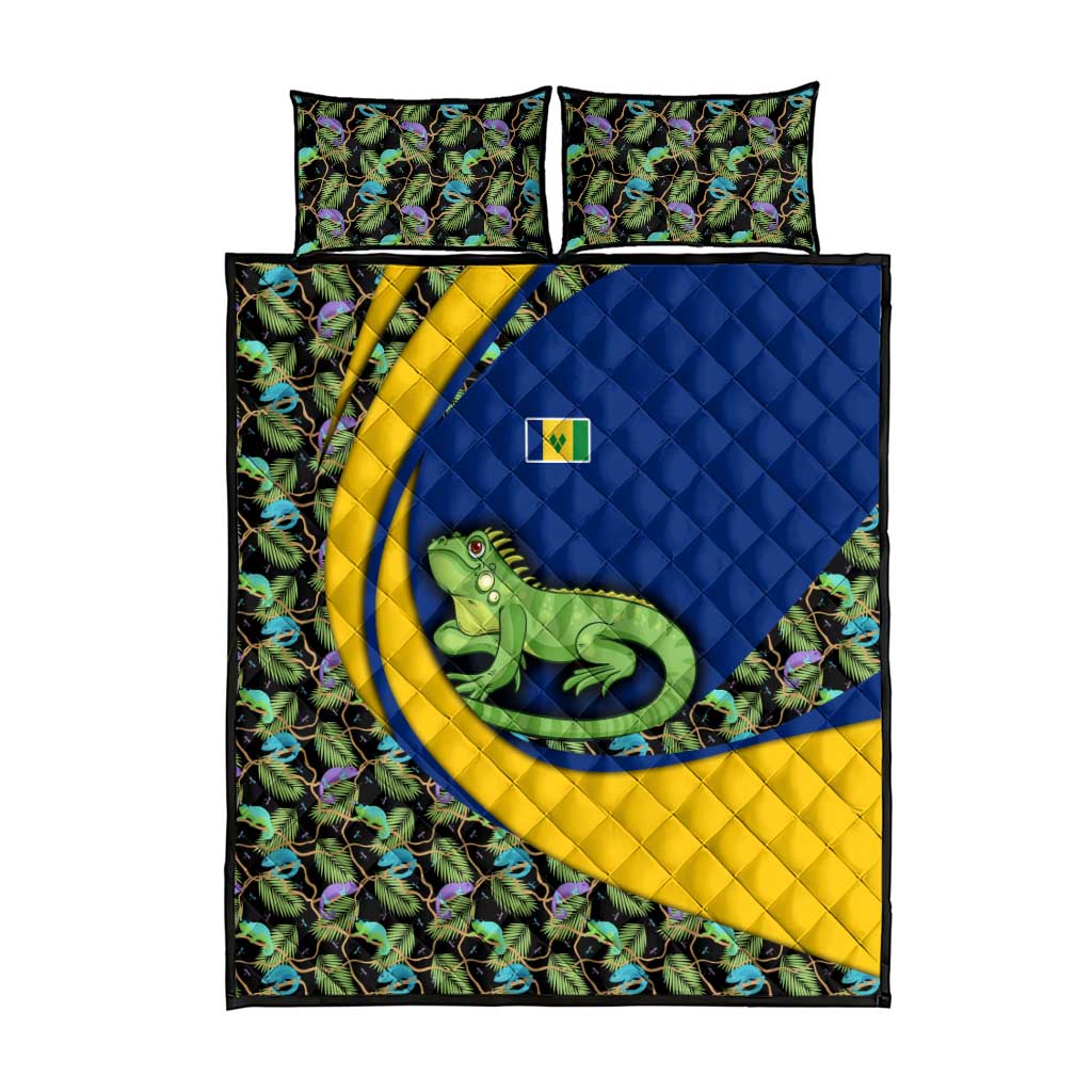 Saint Vincent and the Grenadines Iguana Quilt Bed Set with Tropical Leaf Pattern and National Flag - Wonder Print Shop