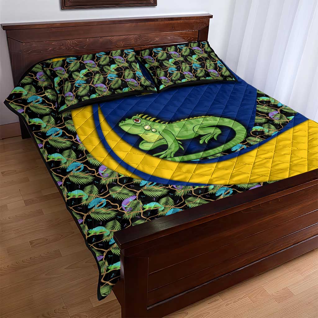 Saint Vincent and the Grenadines Iguana Quilt Bed Set with Tropical Leaf Pattern and National Flag - Wonder Print Shop