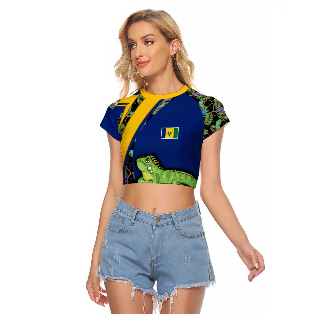 Saint Vincent and the Grenadines Iguana Raglan Cropped T Shirt with Tropical Leaf Pattern and National Flag - Wonder Print Shop