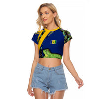 Saint Vincent and the Grenadines Iguana Raglan Cropped T Shirt with Tropical Leaf Pattern and National Flag - Wonder Print Shop