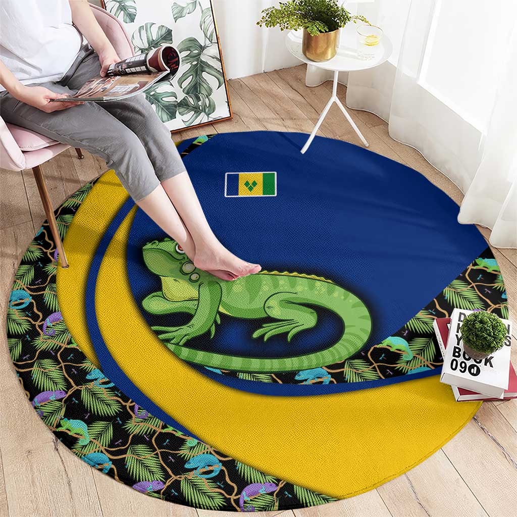 Saint Vincent and the Grenadines Iguana Round Carpet with Tropical Leaf Pattern and National Flag - Wonder Print Shop