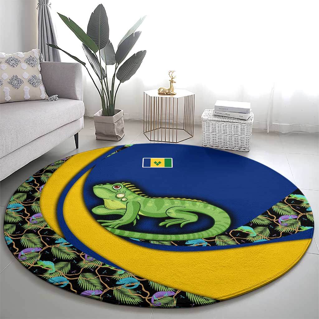 Saint Vincent and the Grenadines Iguana Round Carpet with Tropical Leaf Pattern and National Flag - Wonder Print Shop