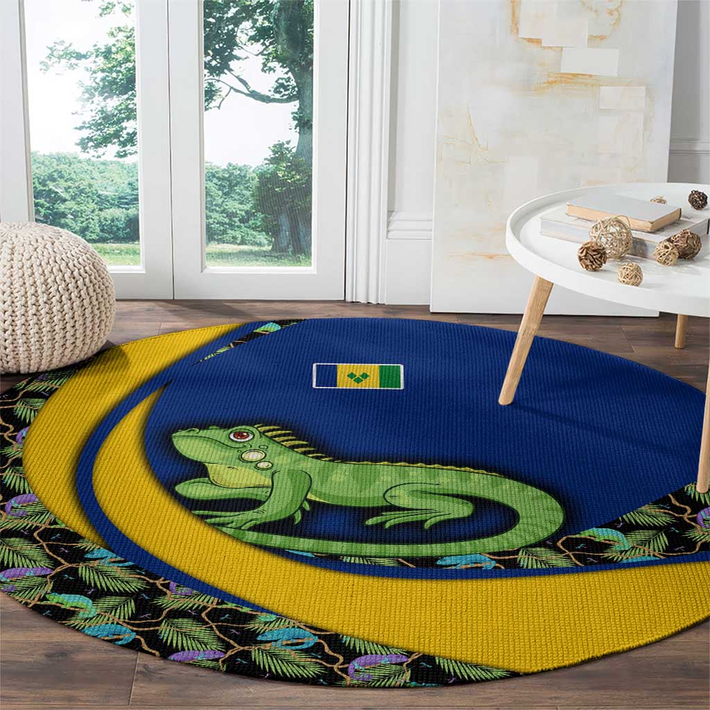 Saint Vincent and the Grenadines Iguana Round Carpet with Tropical Leaf Pattern and National Flag - Wonder Print Shop