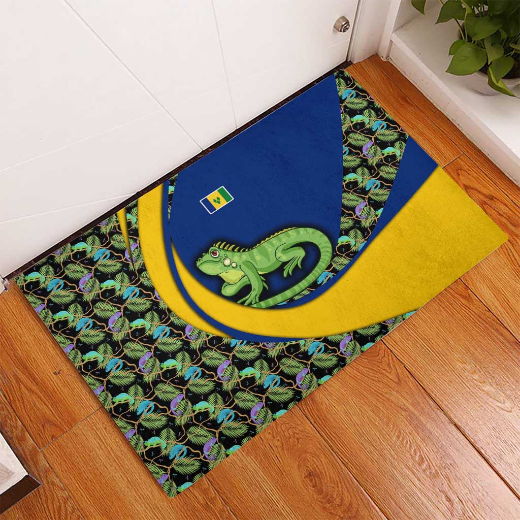 Saint Vincent and the Grenadines Iguana Rubber Doormat with Tropical Leaf Pattern and National Flag - Wonder Print Shop
