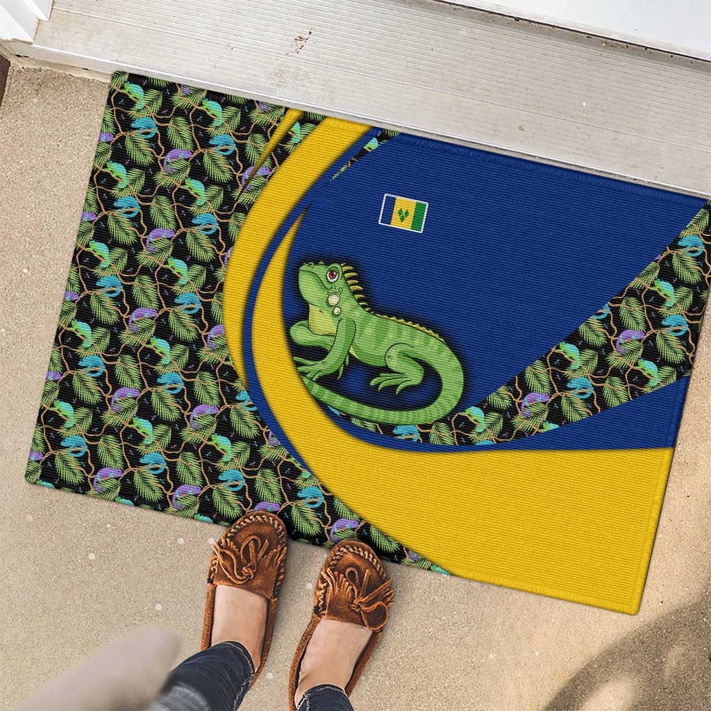 Saint Vincent and the Grenadines Iguana Rubber Doormat with Tropical Leaf Pattern and National Flag - Wonder Print Shop