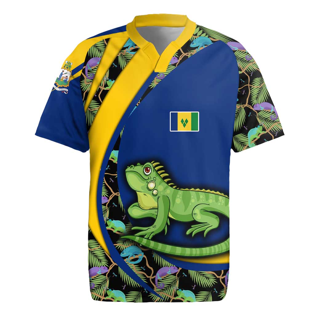 Saint Vincent and the Grenadines Iguana Rugby Jersey with Tropical Leaf Pattern and National Flag - Wonder Print Shop